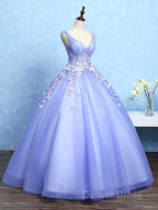 Cute Lavender Tulle Ball Gowns V Neckline Sweet 16 Dress, Light Purple Prom Dresses