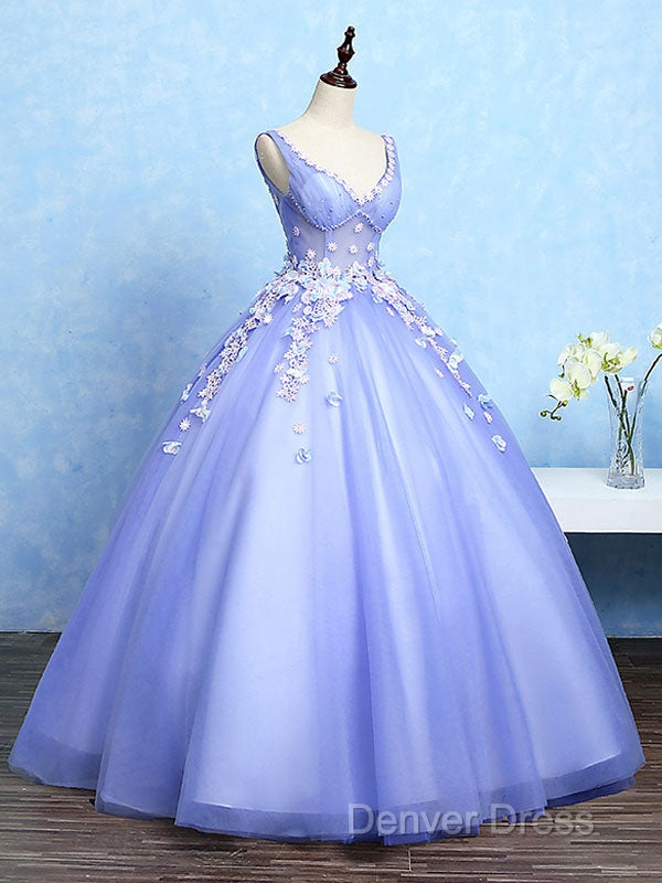 Cute Lavender Tulle Ball Gowns V Neckline Sweet 16 Dress, Light Purple Prom Dresses