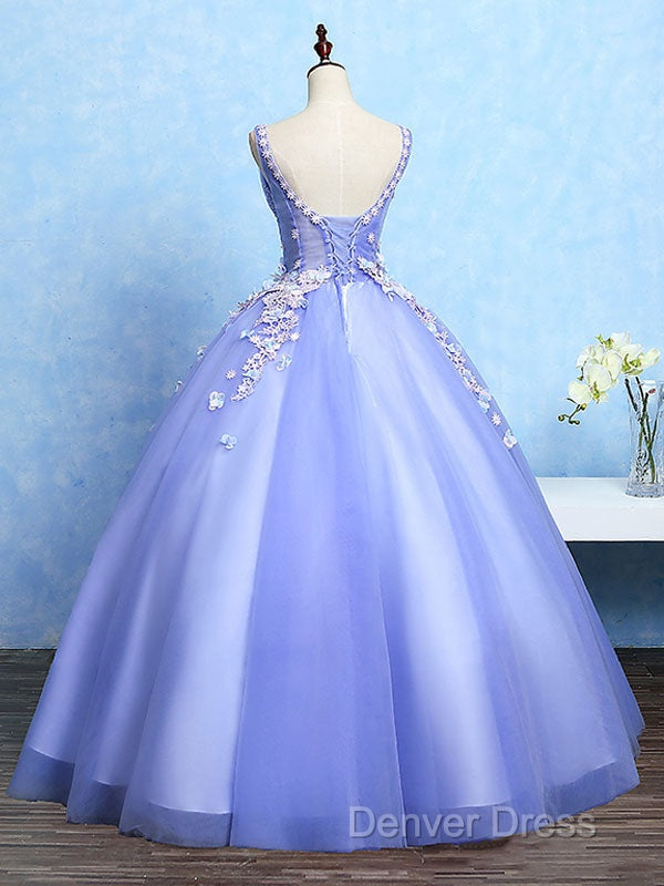Cute Lavender Tulle Ball Gowns V Neckline Sweet 16 Dress, Light Purple Prom Dresses