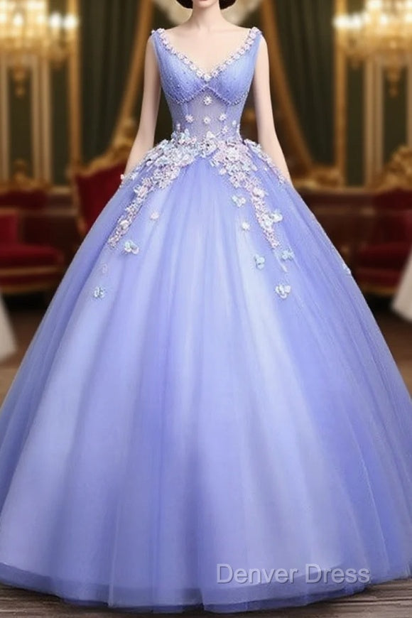 Cute Lavender Tulle Ball Gowns V Neckline Sweet 16 Dress, Light Purple Prom Dresses Main image