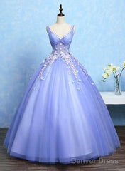 Cute Lavender Tulle Ball Gown V-Neckline Sweet 16 Dresses, Light Purple Formal Dresses