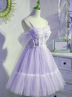 Cute Lavender Tulle Short Straps Homecoming Dressess, Tulle Sweetheart Prom Dresses