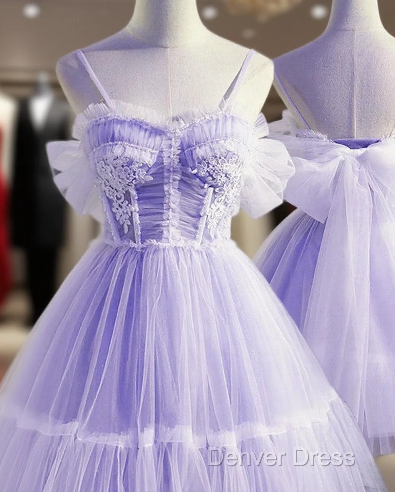 Cute Lavender Tulle Short Straps Homecoming Dressess, Tulle Sweetheart Prom Dresses Main image