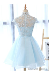 Cute Light Blue Tulle With Lace Party Dress , Beautiful Short Classical Formal Dress