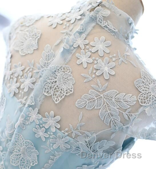 Cute Light Blue Tulle With Lace Prom Dress , Beautiful Short Classical Prom Dresses