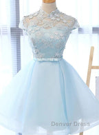 Cute Light Blue Tulle With Lace Prom Dress , Beautiful Short Classical Prom Dresses