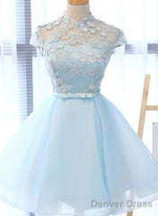 Cute Light Blue Tulle With Lace Party Dress , Beautiful Short Classical Formal Dress