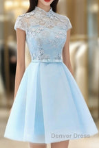 Cute Light Blue Tulle With Lace Prom Dress , Beautiful Short Classical Prom Dresses