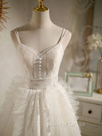 Cute Light Champagne Lace Tulle Short Prom Dresses, Puffy Homecoming Dresses