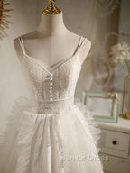 Cute Light Champagne Lace Tulle Short Prom Dress, Puffy Homecoming Dresses