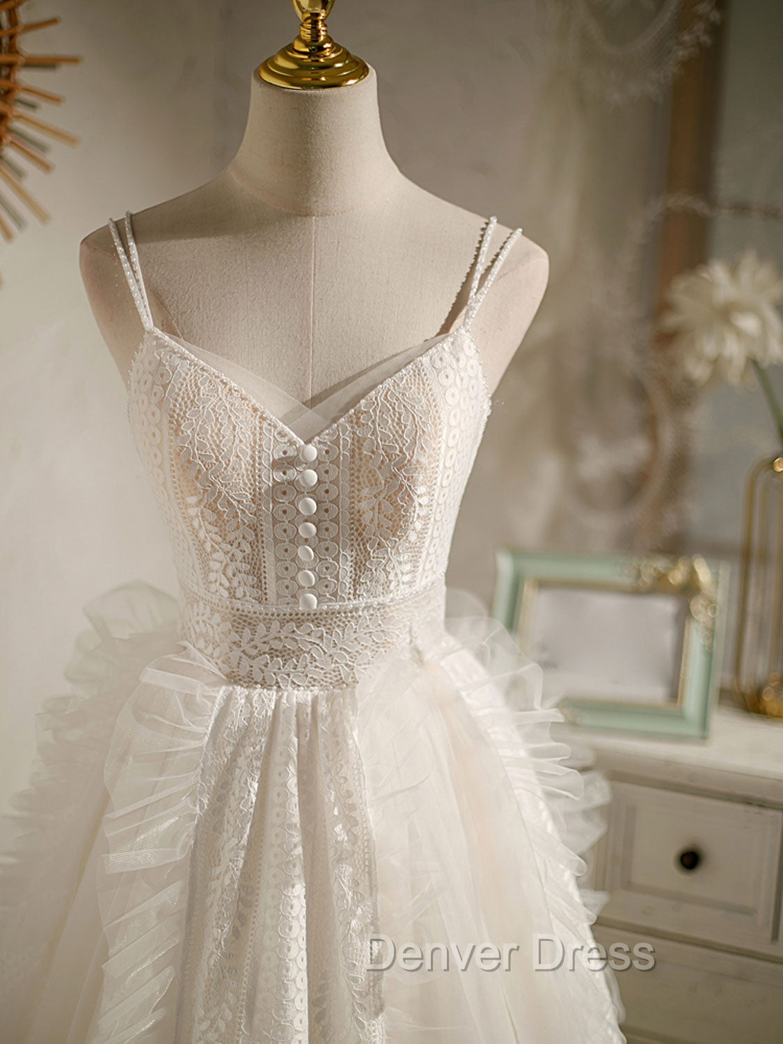 Cute Light Champagne Lace Tulle Short Prom Dress, Puffy Homecoming Dresses