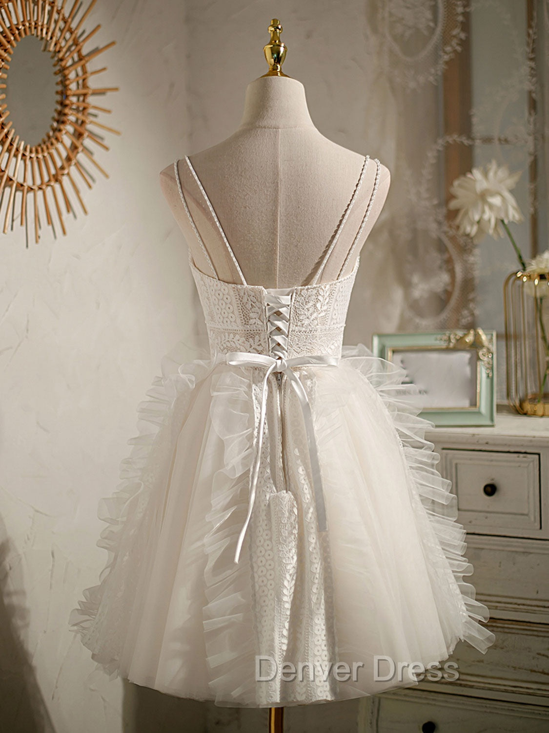 Cute Light Champagne Lace Tulle Short Prom Dress, Puffy Homecoming Dresses
