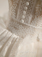 Cute Light Champagne Lace Tulle Short Prom Dress, Puffy Homecoming Dresses