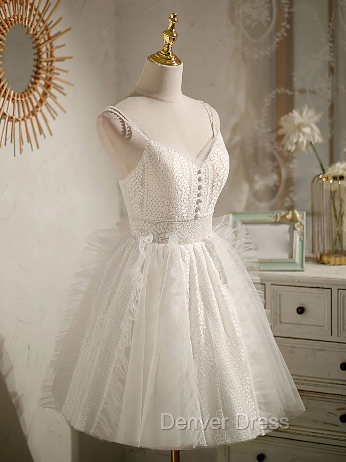 Cute Light Champagne Lace Tulle Short Prom Dress, Puffy Homecoming Dresses