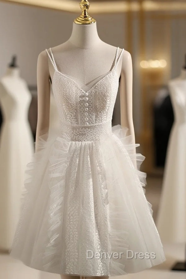 Cute Light Champagne Lace Tulle Short Prom Dresses, Puffy Homecoming Dresses Main image