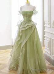 Cute Light Green A-Line Beaded Tulle Party Dress, Light Green Long Prom Dress