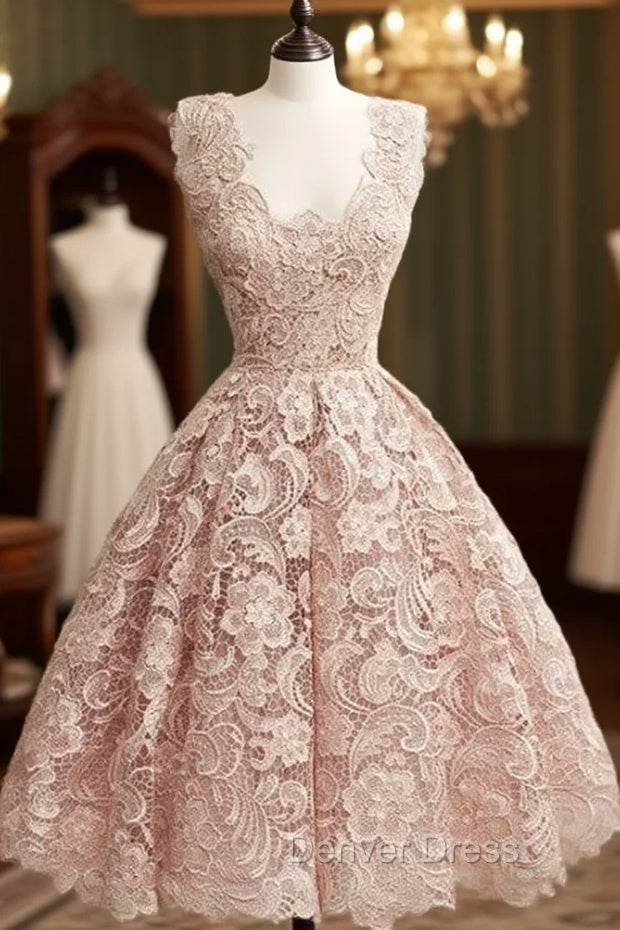 Cute Light Pink Lace Short Prom Dress, Lace Bridesmaid Dresses