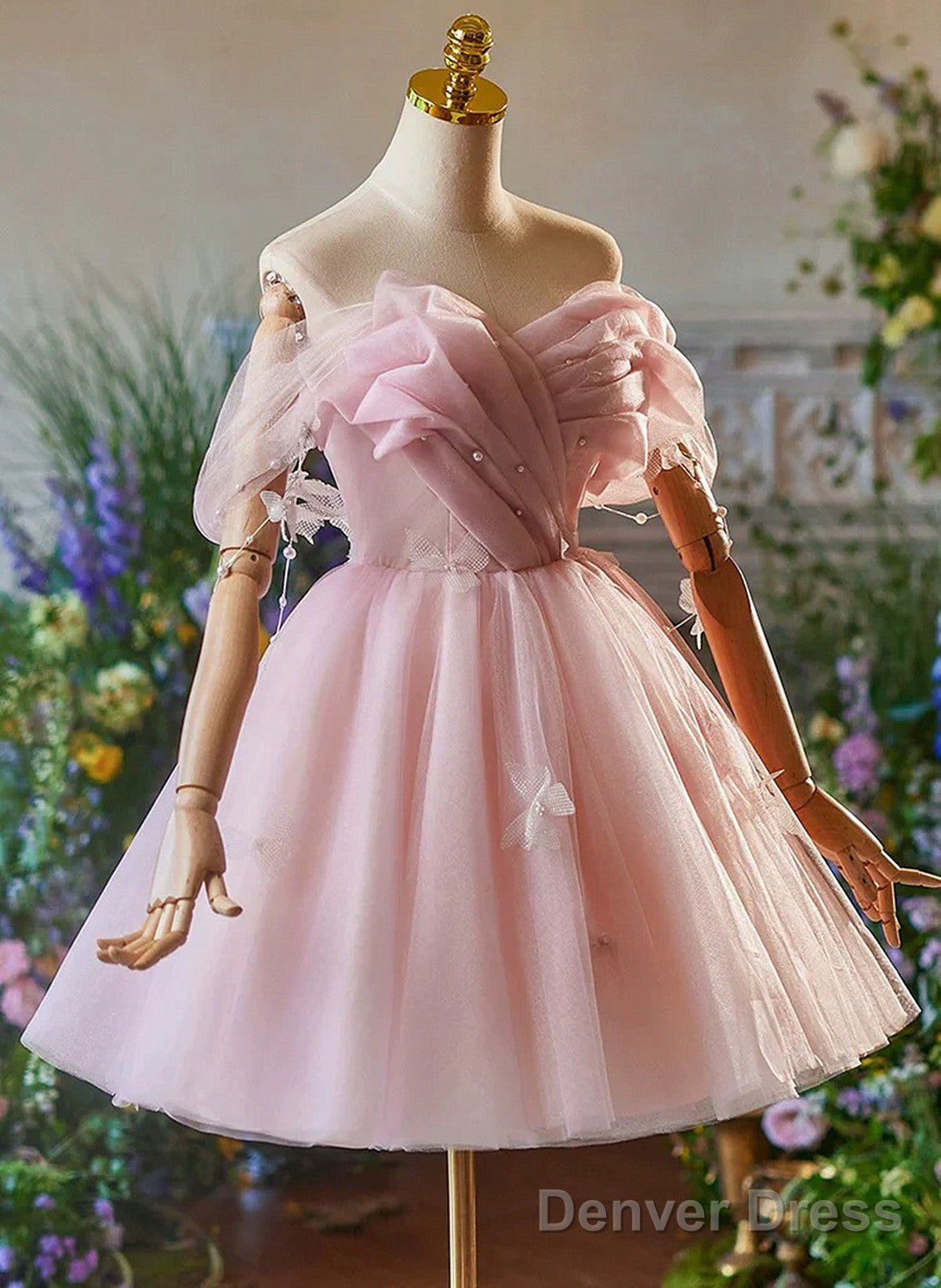 Cute Light Pink Off Shoulder Tulle Homecoming Dress, Pink Short Prom Dresses Secondary image