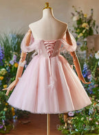 Cute Light Pink Off Shoulder Tulle Homecoming Dress, Pink Short Prom Dresses
