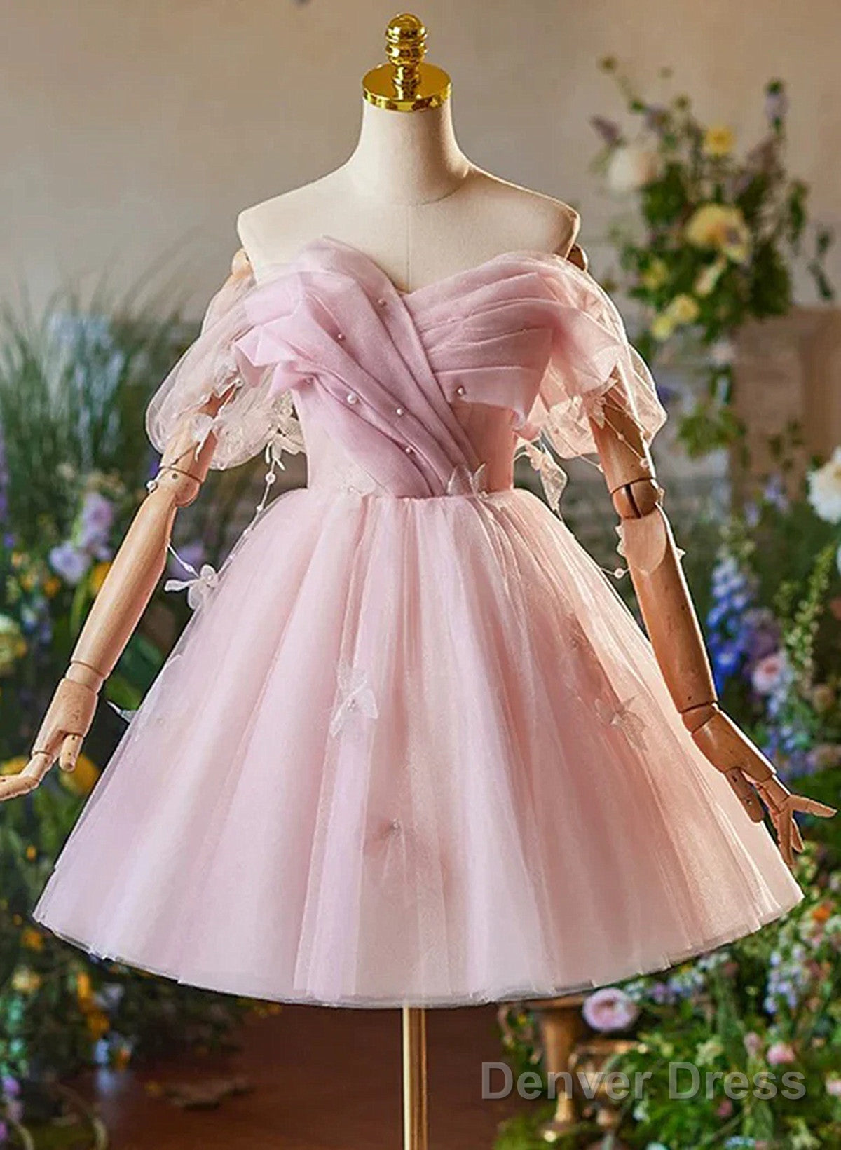Cute Light Pink Off Shoulder Tulle Homecoming Dress, Pink Short Prom Dresses