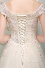 Cute Light Pink Tulle Flowers Off Shoulder Prom Dresses, Sweet 16 Gowns