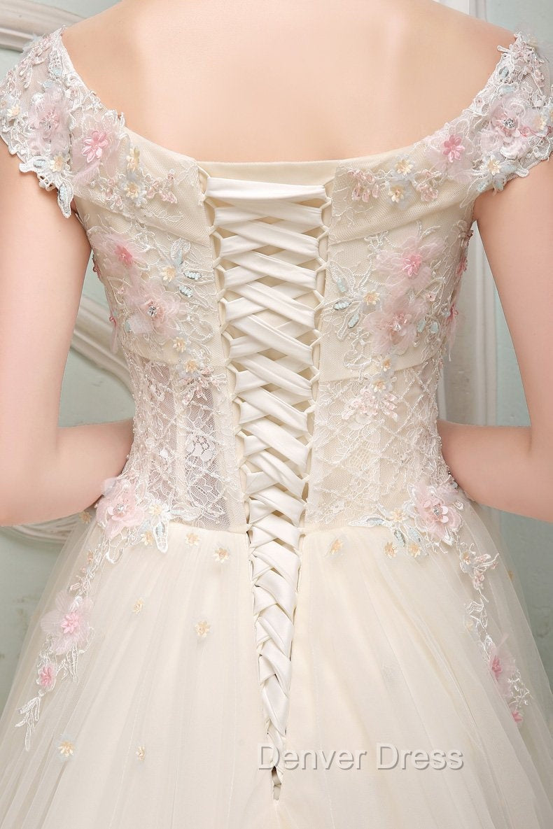 Cute Light Pink Tulle Flowers Off Shoulder Prom Dresses, Sweet 16 Gowns