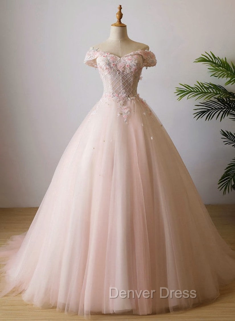 Cute Light Pink Tulle Flowers Off Shoulder Prom Dresses, Sweet 16 Gowns Main image