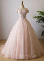 Cute Light Pink Tulle Flowers Off Shoulder Prom Dresses, Sweet 16 Gowns