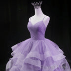 Cute Light Purple Tulle Long Layers Straps Prom Dresses, Sweet 16 Prom Gowns