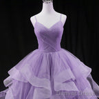 Cute Light Purple Tulle Long Layers Straps Prom Dresses, Sweet 16 Prom Gowns