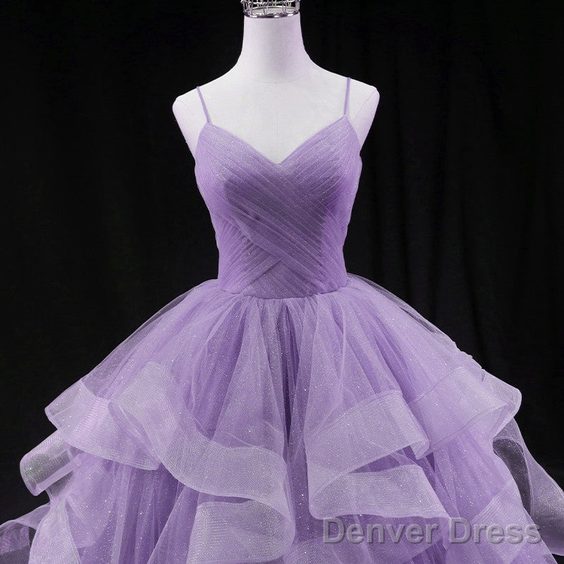 Cute Light Purple Tulle Long Layers Straps Prom Dresses, Sweet 16 Prom Gowns