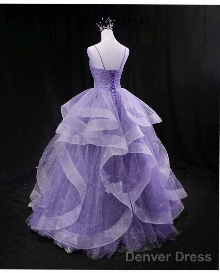 Cute Light Purple Tulle Long Layers Straps Prom Dresses, Sweet 16 Prom Gowns