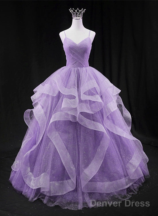 Cute Light Purple Tulle Long Layers Straps Prom Dresses, Sweet 16 Prom Gowns