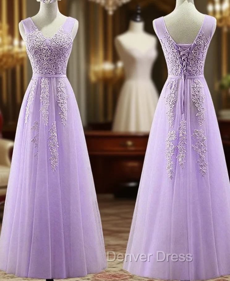 Cute Light Purple Tulle with Lace V Neckline Prom Dress, Long Prom Gowns Prom Dresses