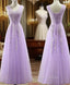 Cute Light Purple Tulle with Lace V Neckline Prom Dress, Long Prom Gowns Prom Dresses