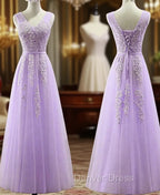 Cute Light Purple Tulle with Lace V-neckline Prom Dresses, Long Evening Gown Formal Dresses