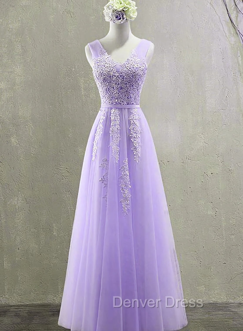 Cute Light Purple Tulle with Lace V-neckline Prom Dresses, Long Evening Gown Formal Dresses Main image