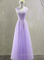 Cute Light Purple Tulle with Lace V-neckline Prom Dresses, Long Evening Gown Formal Dresses