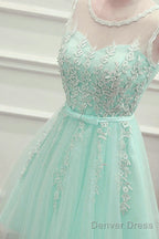 Cute Mint Green Tulle Short Party Dress With Lace Applique, Homecoming Dress