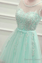 Cute Mint Green Tulle Short Prom Dress With Lace Applique, Homecoming Dresses