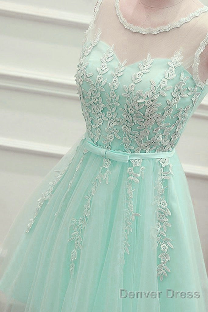 Cute Mint Green Tulle Short Prom Dress With Lace Applique, Homecoming Dresses