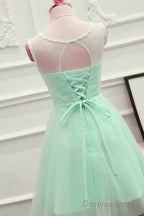 Cute Mint Green Tulle Short Party Dress With Lace Applique, Homecoming Dress