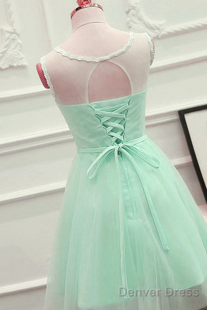 Cute Mint Green Tulle Short Party Dress With Lace Applique, Homecoming Dress