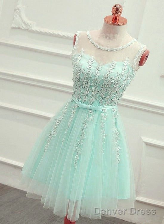 Cute Mint Green Tulle Short Party Dress With Lace Applique, Homecoming Dress Main image