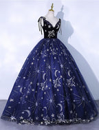Cute Navy Blue Ball Gowns V Neckline Prom Dress, Navy Blue Sweet 16 Dresses