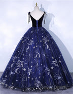 Cute Navy Blue Ball Gowns V Neckline Prom Dress, Navy Blue Sweet 16 Dresses