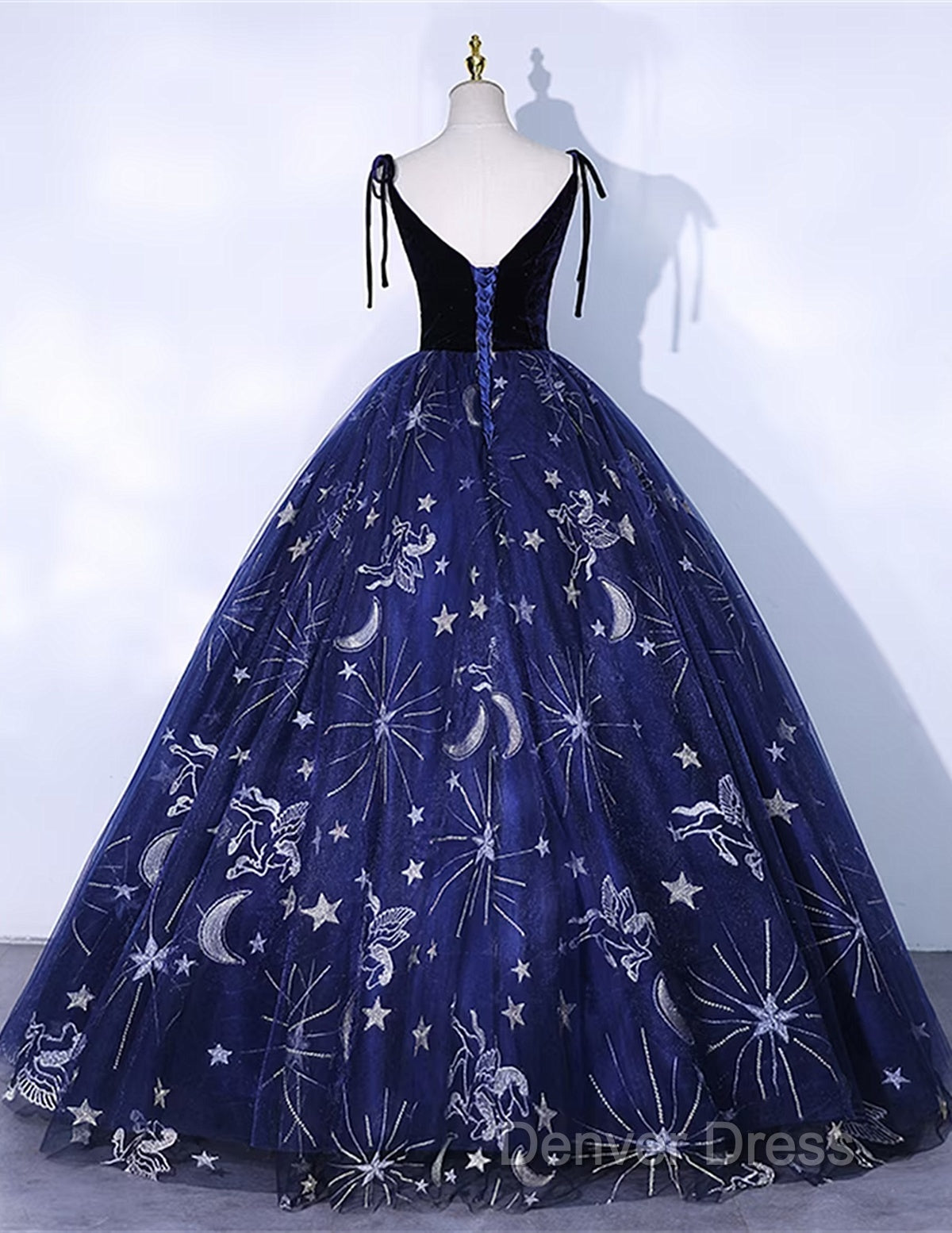 Cute Navy Blue Ball Gowns V Neckline Prom Dress, Navy Blue Sweet 16 Dresses