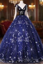 Cute Navy Blue Ball Gowns V Neckline Prom Dress, Navy Blue Sweet 16 Dresses