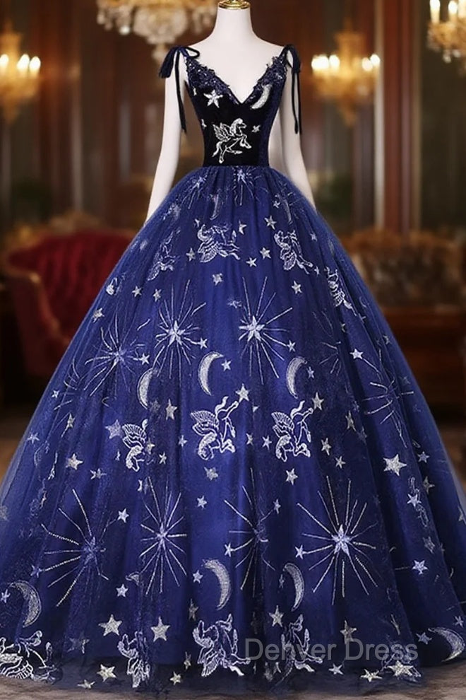Cute Navy Blue Ball Gowns V Neckline Prom Dress, Navy Blue Sweet 16 Dresses