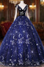 Cute Navy Blue Ball Gowns V Neckline Prom Dress, Navy Blue Sweet 16 Dresses